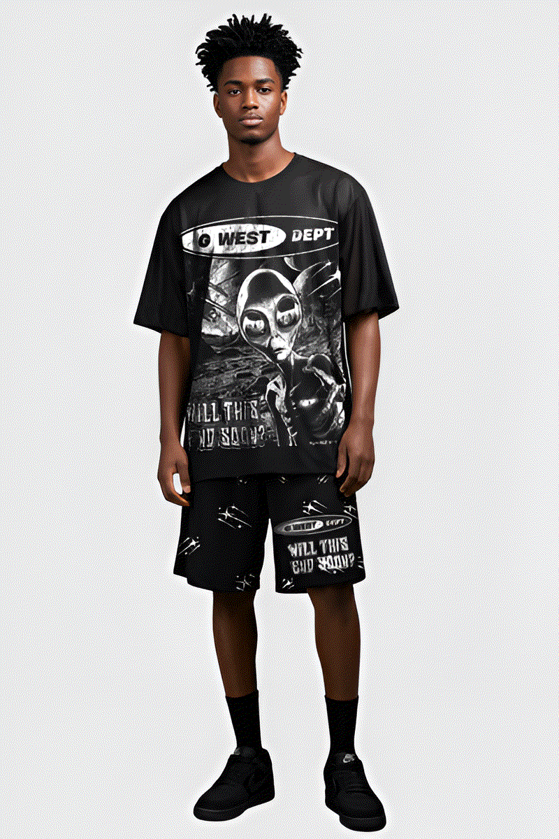 G WEST RHINSTONE NOT MY EARTH 3/4 SLEEVES MESH SHORT SET G West