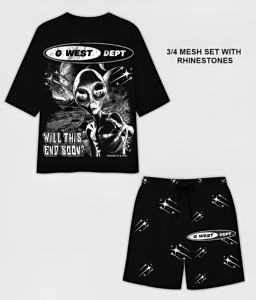 G WEST RHINSTONE NOT MY EARTH 3/4 SLEEVES MESH SHORT SET G West