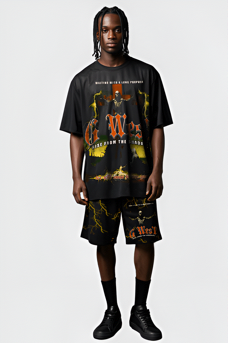 G WEST RHINSTONE RISE FROM THE SHADOW 3/4 SLEEVES MESH SHORT SET G West