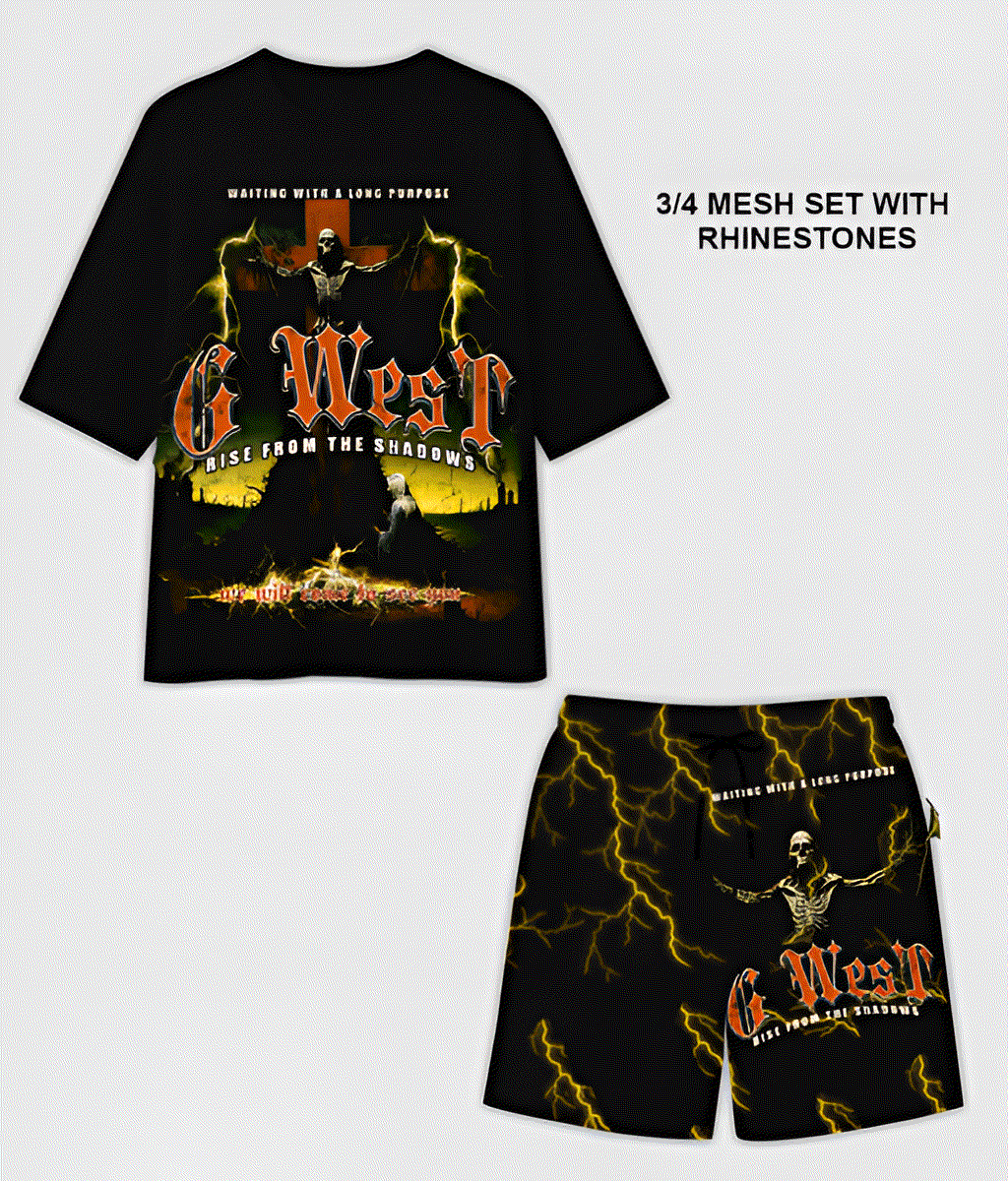G WEST RHINSTONE RISE FROM THE SHADOW 3/4 SLEEVES MESH SHORT SET G West