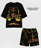 G WEST RHINSTONE RISE FROM THE SHADOW 3/4 SLEEVES MESH SHORT SET G West