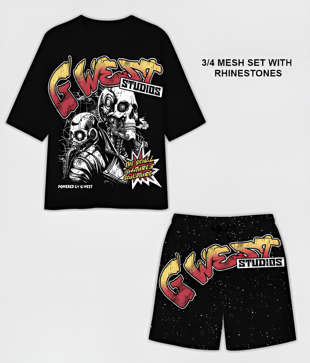 G WEST RHINSTONE SKULL TECH 3/4 SLEEVES MESH SHORT SET G West