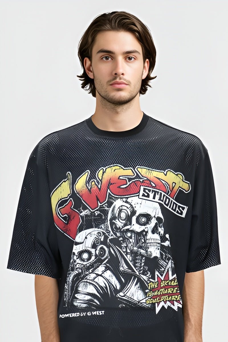G WEST RHINSTONE SKULL TECH 3/4 SLEEVES MESH SHORT SET G West