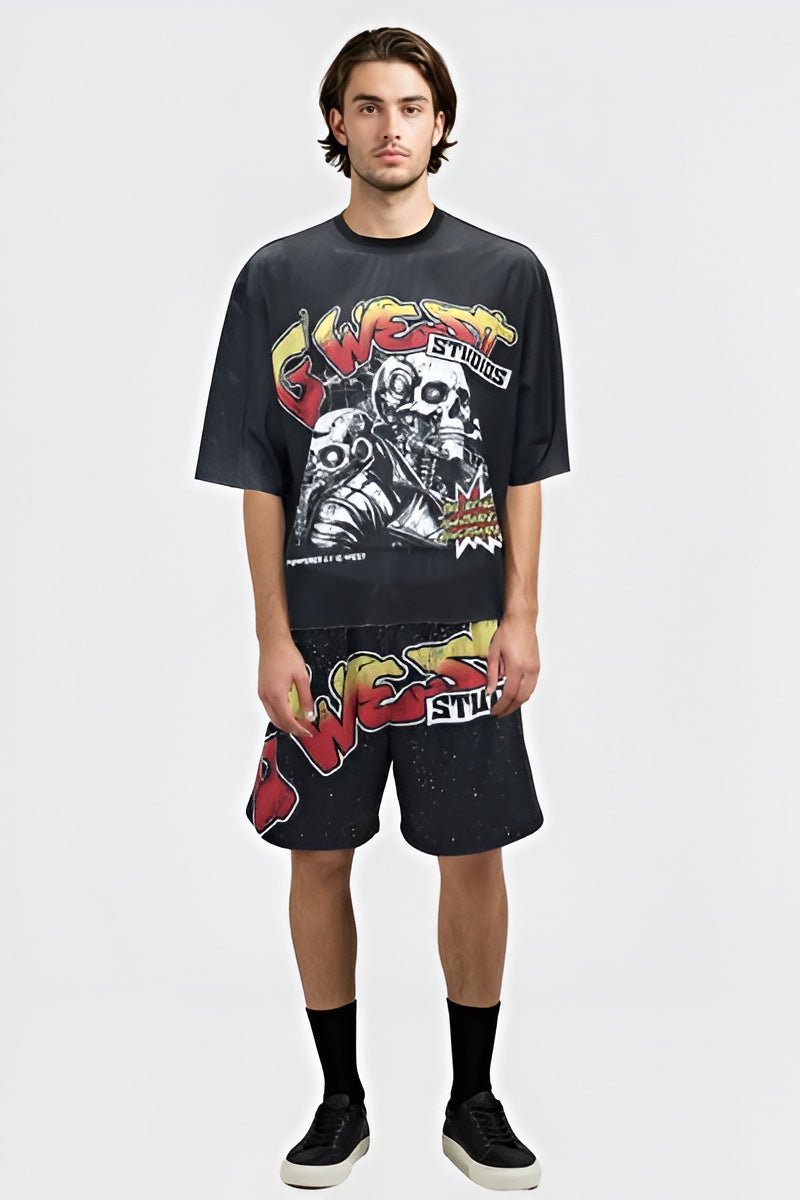 G WEST RHINSTONE SKULL TECH 3/4 SLEEVES MESH SHORT SET G West