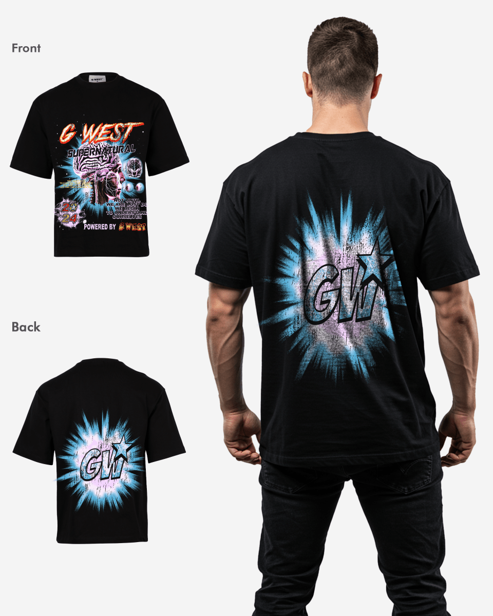 G West Mens Supernatural Acid Wash Premium Oversized Tee Front And Back Print G West
