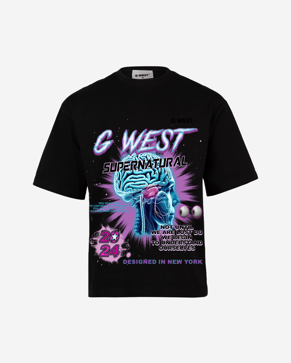 G West Mens Supernatural Acid Wash Premium Oversized Tee Front And Back Print G West