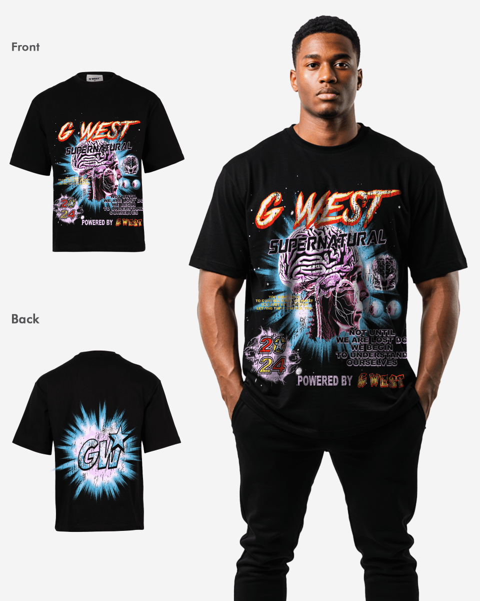 G West Mens Supernatural Acid Wash Premium Oversized Tee Front And Back Print G West