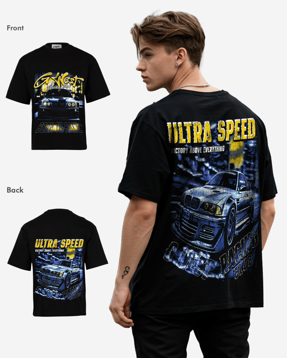 G West Mens Ultra Speed Premium Oversized Tee Front And Back Print G West
