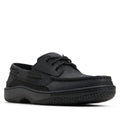 A Sperry sneaker in black textured leather with a translucent purple and gray Swoosh and toe cap, shown in profile against a white background.