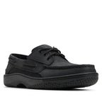 A Sperry sneaker in black textured leather with a translucent purple and gray Swoosh and toe cap, shown in profile against a white background.