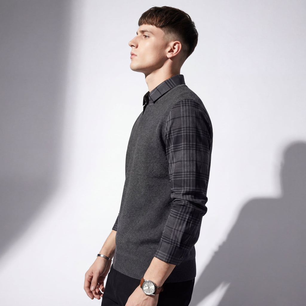 Dual-Layer Knit Fusion LS Sweater Shirt GREY