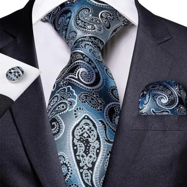 Luxury Blue Silk Design Wedding Tie For Men Necktie Pocket Square Cufflink Set Formal Business Meeting Necktie For Men Stevvex