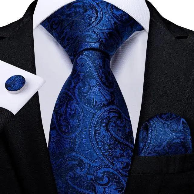 Luxury Blue Silk Design Wedding Tie For Men Necktie Pocket Square Cufflink Set Formal Business Meeting Necktie For Men Stevvex
