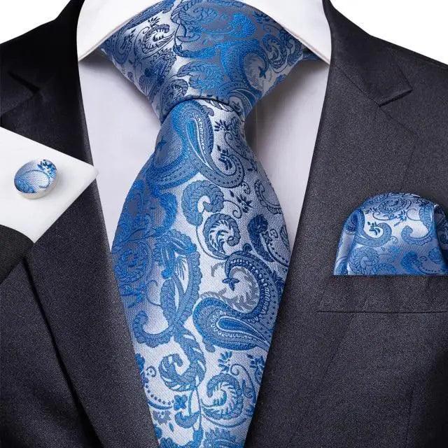 Luxury Blue Silk Design Wedding Tie For Men Necktie Pocket Square Cufflink Set Formal Business Meeting Necktie For Men Stevvex