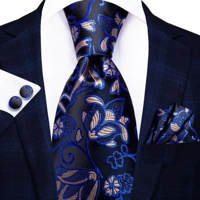 Luxury Men Silk Necktie Pocket Square Matching Handkerchief  Cufflinks Set Formal Design Printed Business Necktie For Men Stevvex
