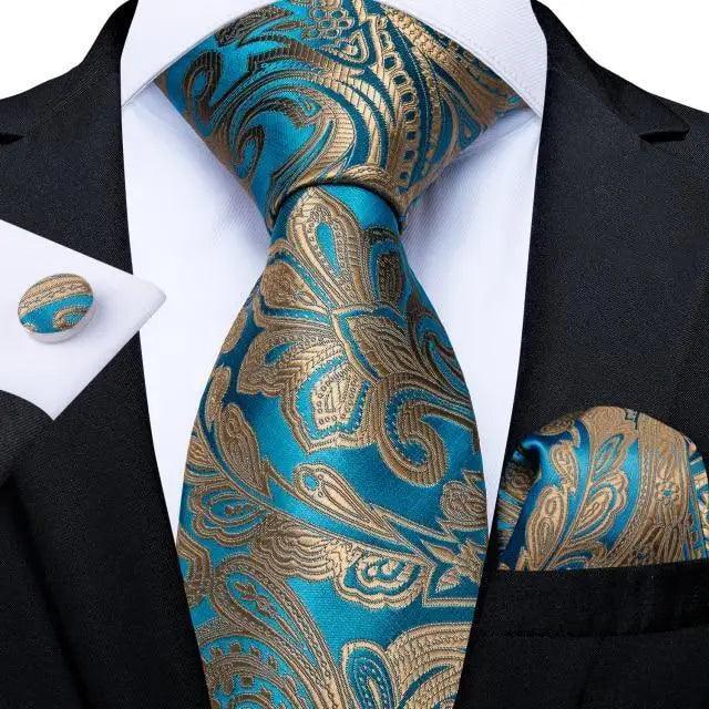 Luxury Wedding Party Floral Design Silk Necktie Hanky And Matching Cufflinks Set For Men Classic Design Necktie Set For Men Stevvex