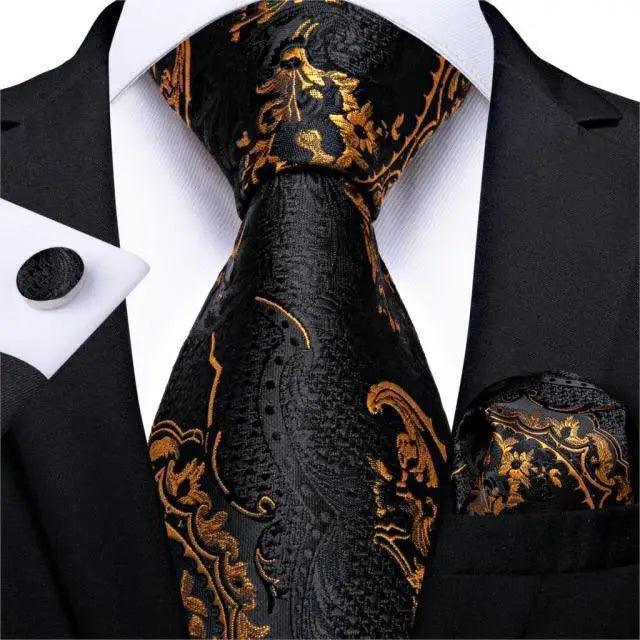 Luxury Wedding Party Floral Design Silk Necktie Hanky And Matching Cufflinks Set For Men Classic Design Necktie Set For Men Stevvex
