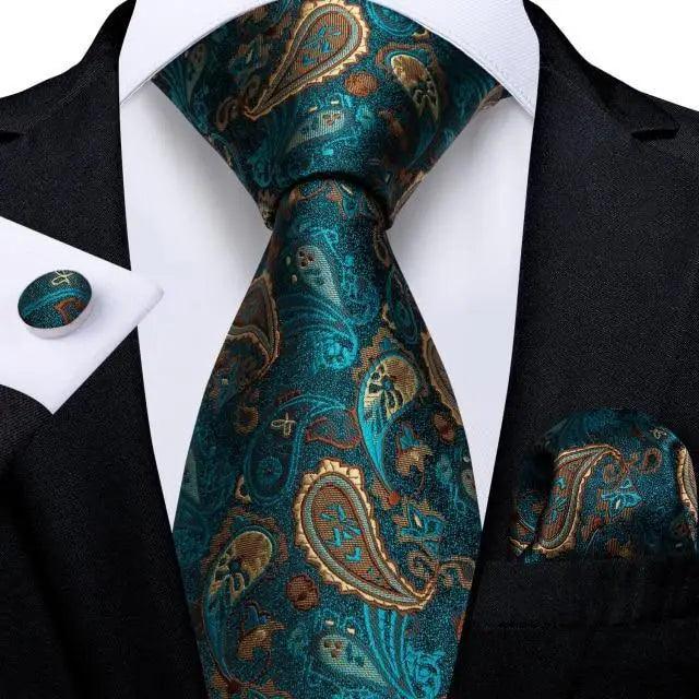 Luxury Wedding Party Floral Design Silk Necktie Hanky And Matching Cufflinks Set For Men Classic Design Necktie Set For Men Stevvex