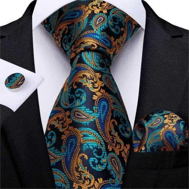 Luxury Wedding Party Floral Design Silk Necktie Hanky And Matching Cufflinks Set For Men Classic Design Necktie Set For Men Stevvex