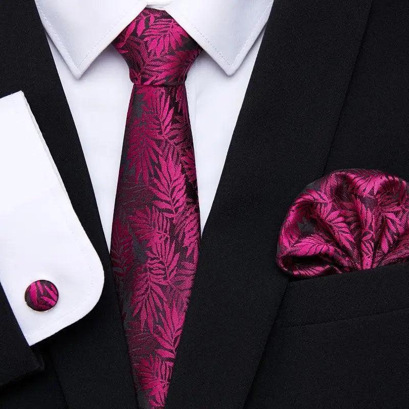 Men Elegant Red Silk Tie Classic Necktie Cufflinks Set Business Necktie With Handkerchief Perfect Match With Wedding Suit Stevvex
