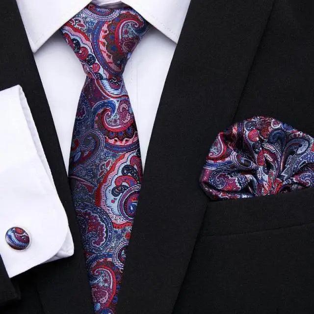 Men Elegant Red Silk Tie Classic Necktie Cufflinks Set Business Necktie With Handkerchief Perfect Match With Wedding Suit Stevvex
