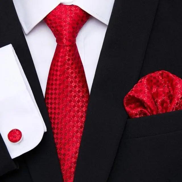 Men Elegant Red Silk Tie Classic Necktie Cufflinks Set Business Necktie With Handkerchief Perfect Match With Wedding Suit Stevvex