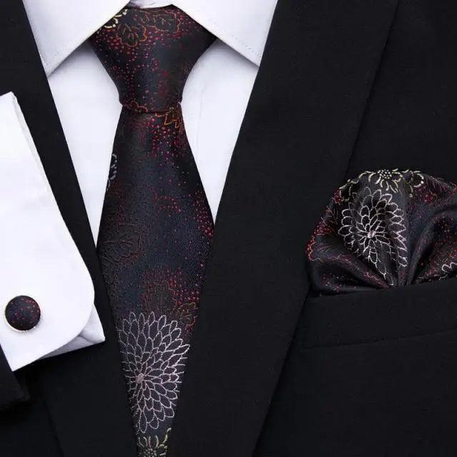 Men Elegant Red Silk Tie Classic Necktie Cufflinks Set Business Necktie With Handkerchief Perfect Match With Wedding Suit Stevvex