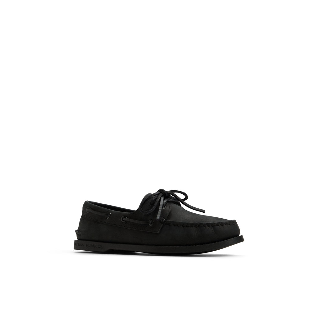 Black leather boat shoe on a white background