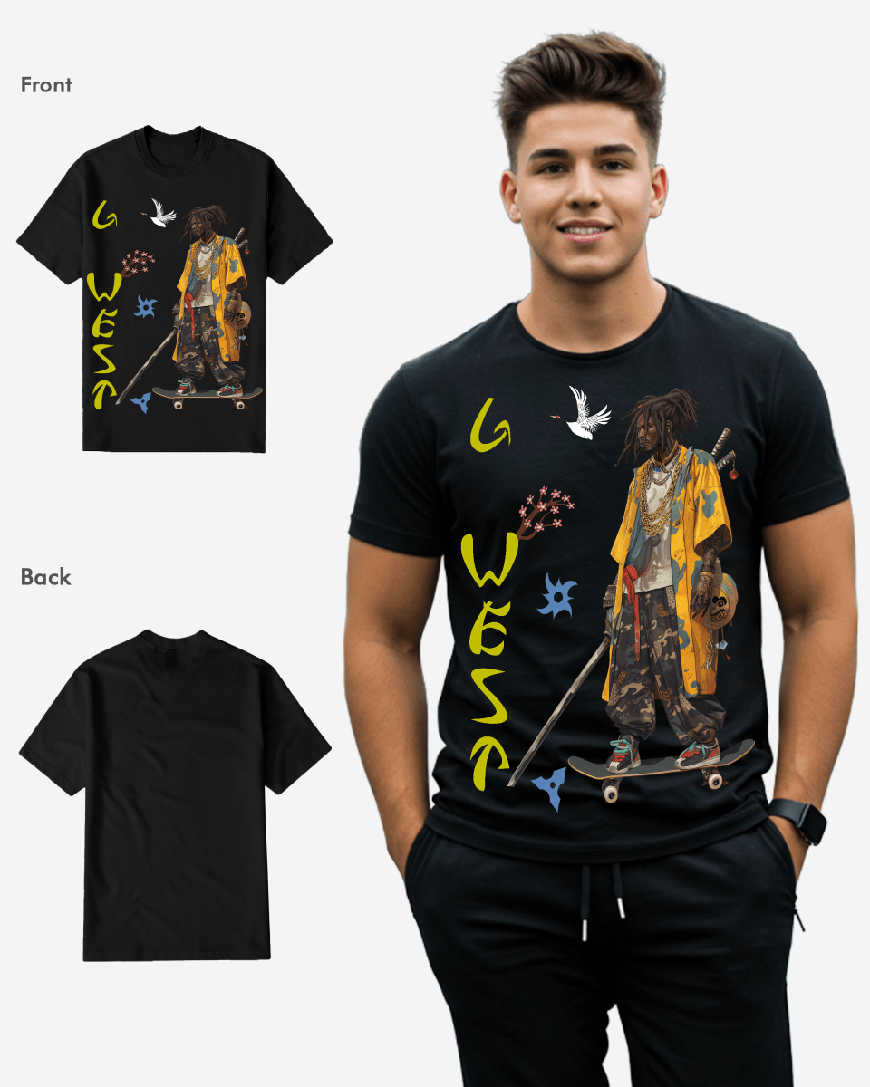 G West Regular Fit Black Samurai Front Graphic T Shirt : Gwpbast5056 - 3 Colors G West