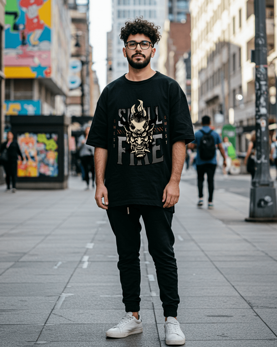 G West Skull Fire Oversized T-Shirt Mens G West