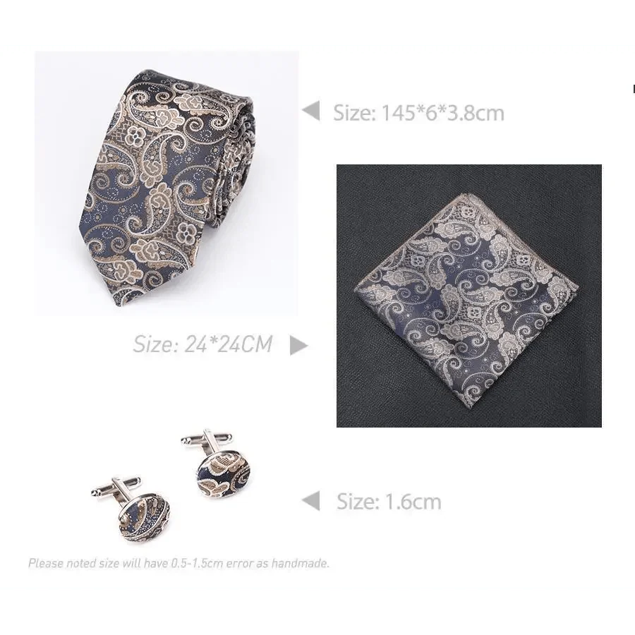 Stylish Silk Necktie With Pocket Square And Matching Cufflinks Set For Men Retro Formal Wear Necktie Set For Men Stevvex