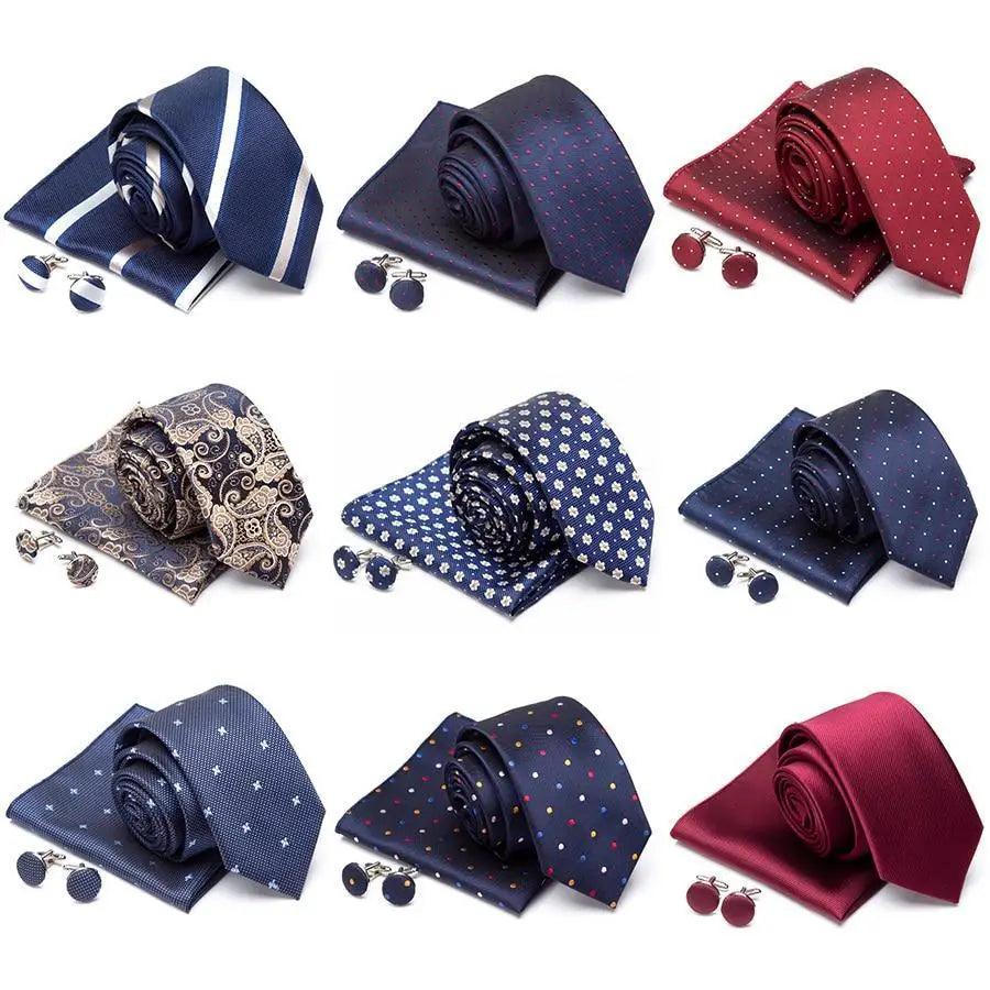 Stylish Silk Necktie With Pocket Square And Matching Cufflinks Set For Men Retro Formal Wear Necktie Set For Men Stevvex