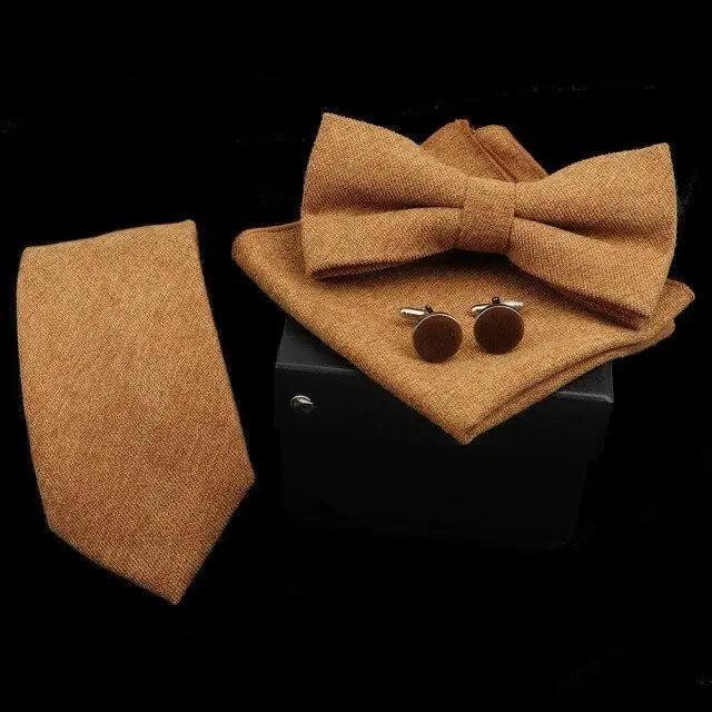 Stylish Solid Color Polyester Tie Bowtie Handkerchief Cufflinks Set For Men Butterfly Wedding Party Necktie Men's Fashion Bowtie Stevvex