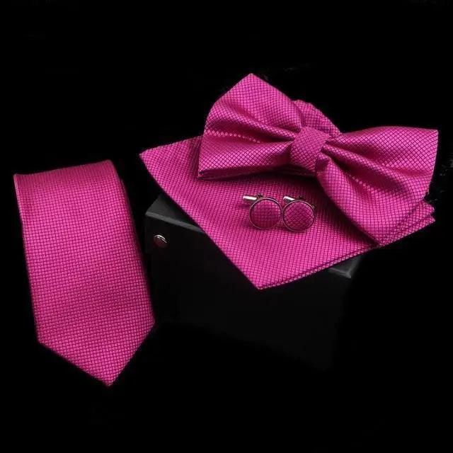 Stylish Solid Color Polyester Tie Bowtie Handkerchief Cufflinks Set For Men Butterfly Wedding Party Necktie Men's Fashion Bowtie Stevvex