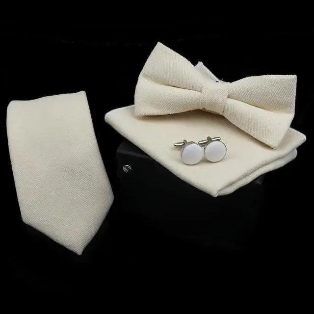 Stylish Solid Color Polyester Tie Bowtie Handkerchief Cufflinks Set For Men Butterfly Wedding Party Necktie Men's Fashion Bowtie Stevvex