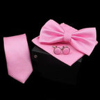Stylish Solid Color Polyester Tie Bowtie Handkerchief Cufflinks Set For Men Butterfly Wedding Party Necktie Men's Fashion Bowtie Stevvex
