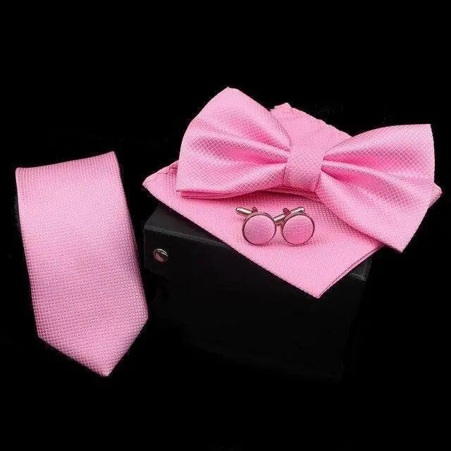 Stylish Solid Color Polyester Tie Bowtie Handkerchief Cufflinks Set For Men Butterfly Wedding Party Necktie Men's Fashion Bowtie Stevvex