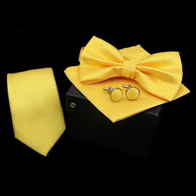 Stylish Solid Color Polyester Tie Bowtie Handkerchief Cufflinks Set For Men Butterfly Wedding Party Necktie Men's Fashion Bowtie Stevvex