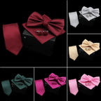 Stylish Solid Color Polyester Tie Bowtie Handkerchief Cufflinks Set For Men Butterfly Wedding Party Necktie Men's Fashion Bowtie Stevvex