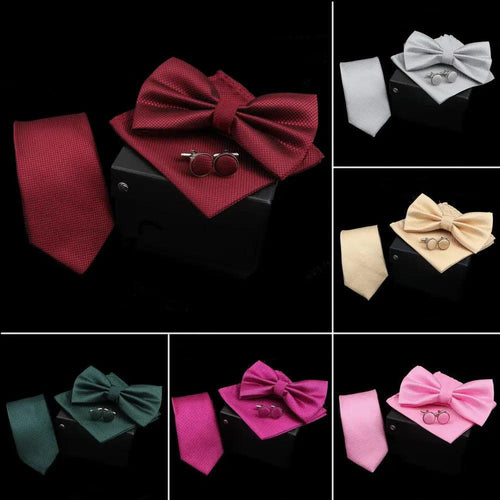 Stylish Solid Color Polyester Tie Bowtie Handkerchief Cufflinks Set For Men Butterfly Wedding Party Necktie Men's Fashion Bowtie Stevvex