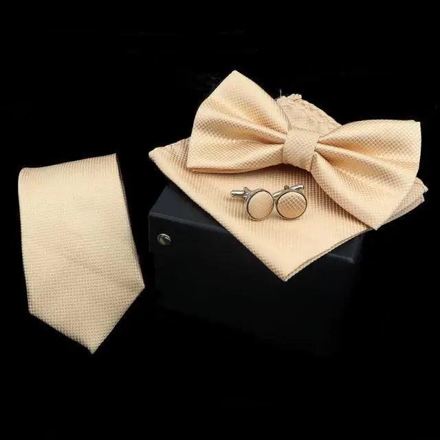 Stylish Solid Color Polyester Tie Bowtie Handkerchief Cufflinks Set For Men Butterfly Wedding Party Necktie Men's Fashion Bowtie Stevvex