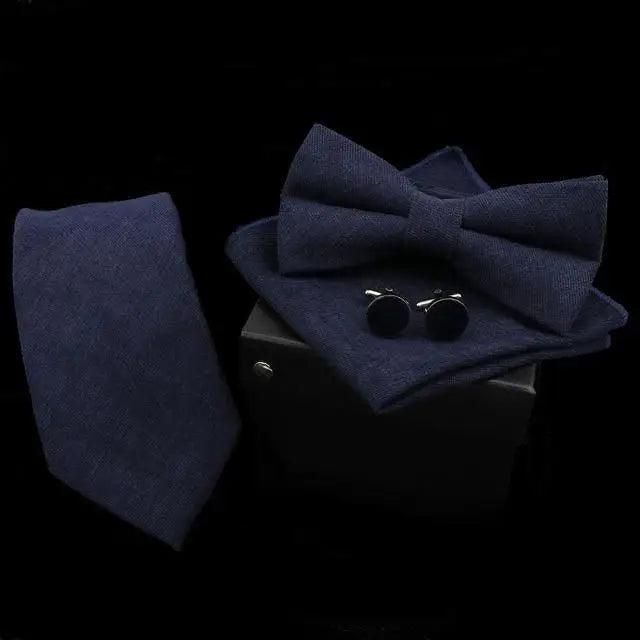 Stylish Solid Color Polyester Tie Bowtie Handkerchief Cufflinks Set For Men Butterfly Wedding Party Necktie Men's Fashion Bowtie Stevvex