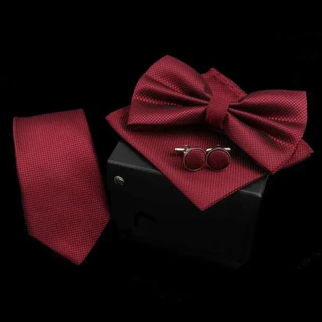 Stylish Solid Color Polyester Tie Bowtie Handkerchief Cufflinks Set For Men Butterfly Wedding Party Necktie Men's Fashion Bowtie Stevvex