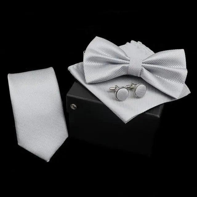 Stylish Solid Color Polyester Tie Bowtie Handkerchief Cufflinks Set For Men Butterfly Wedding Party Necktie Men's Fashion Bowtie Stevvex