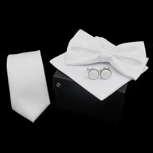 Stylish Solid Color Polyester Tie Bowtie Handkerchief Cufflinks Set For Men Butterfly Wedding Party Necktie Men's Fashion Bowtie Stevvex