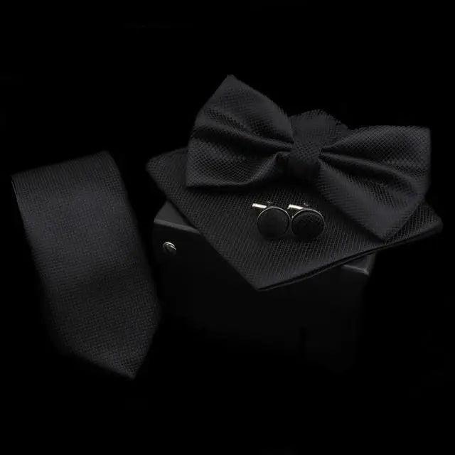 Stylish Solid Color Polyester Tie Bowtie Handkerchief Cufflinks Set For Men Butterfly Wedding Party Necktie Men's Fashion Bowtie Stevvex