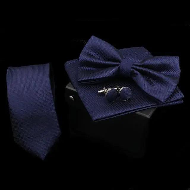 Stylish Solid Color Polyester Tie Bowtie Handkerchief Cufflinks Set For Men Butterfly Wedding Party Necktie Men's Fashion Bowtie Stevvex