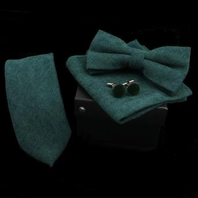 Stylish Solid Color Polyester Tie Bowtie Handkerchief Cufflinks Set For Men Butterfly Wedding Party Necktie Men's Fashion Bowtie Stevvex