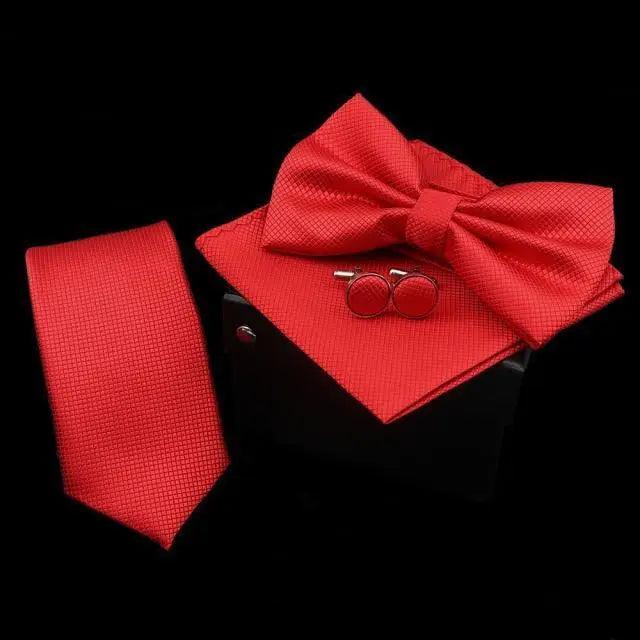Stylish Solid Color Polyester Tie Bowtie Handkerchief Cufflinks Set For Men Butterfly Wedding Party Necktie Men's Fashion Bowtie Stevvex