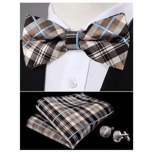 Trendy Patterned Silk Jacquard Plaid Bowtie With  Pocket Square And Cufflinks Set For Men Unique  Butterfly Party Wedding Casual Business Bowtie For Men Stevvex